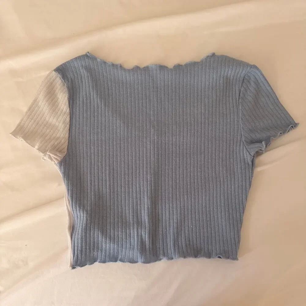 Shein Color Block Ribbed Baby Tee Small Asymmetrical Button Y2K Top - Picture 9 of 9